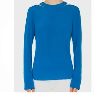 Akris Punto Women's Blue Long-Sleeve Round-Neck Silk Blouse Top Tee Size 14